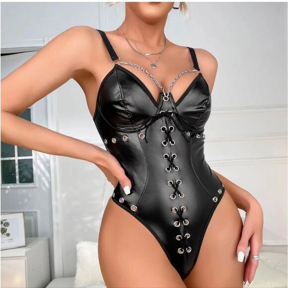 Women Faux Leather Lingerie Dress Bodysuit Black Teddy Catsuit Hot&Sexy Clubwear - Picture 5 of 8